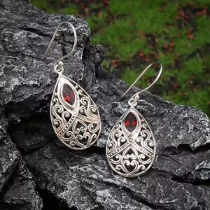 Teardrop-Shape Earrings Cut-Out Filigree Hearts Garnet January Birthstone